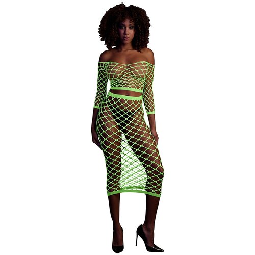 Ouch! Glow in the Dark Long Sleeve Crop Top and Long Skirt Neon Green XL-4XL Slike