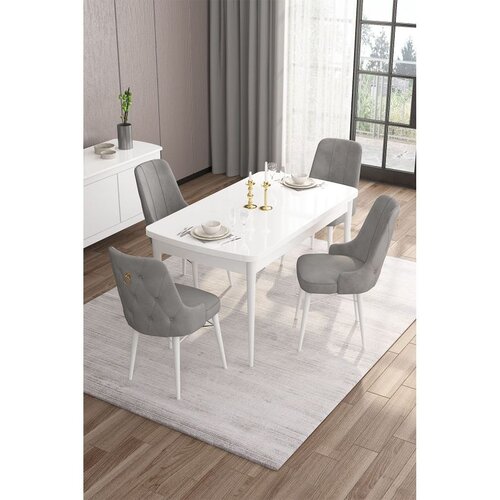 Hanah home trpezarijski set Are, sto na razvlačenje i 4 stolice, bela ploča, siva tkanina Babyface Cene