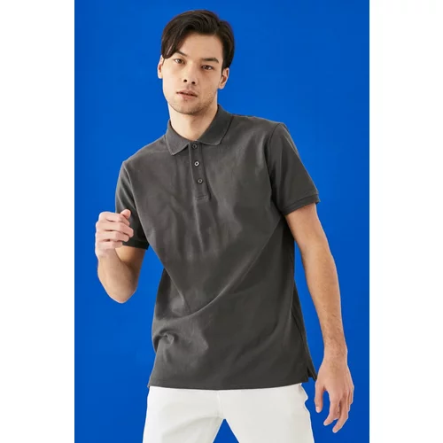 ALTINYILDIZ CLASSICS Men's Anthracite 100% Cotton Roll-Up Collar Slim Fit Slim Fit Polo Neck Short Sleeved T-Shirt.