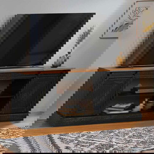 VidaXL TV omarica HALDEN 2 drsna vrata črna 150x40x60 cm masivni les Slike