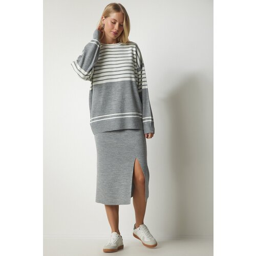 Happiness İstanbul Women's Gray Striped Sweater Skirt Knitwear Suit Slike