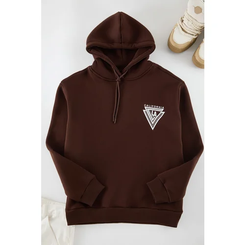 Trendyol Brown Oversize/Wide Cut Printed Cotton Fleece Sweatshirt