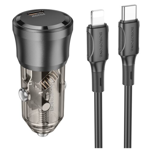 Borofone Auto Punjač sa kablom 1m Type-C to iPhone/lightning BZ24 Clever single port PD20W Type-C car set transparent black Slike