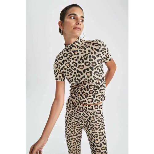 Defacto Slim Fit Half Turtleneck Leopard Short Sleeve T-Shirt Cene