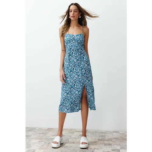 Trendyol Blue Floral Print Straight Cut Back Detailed Woven Dress