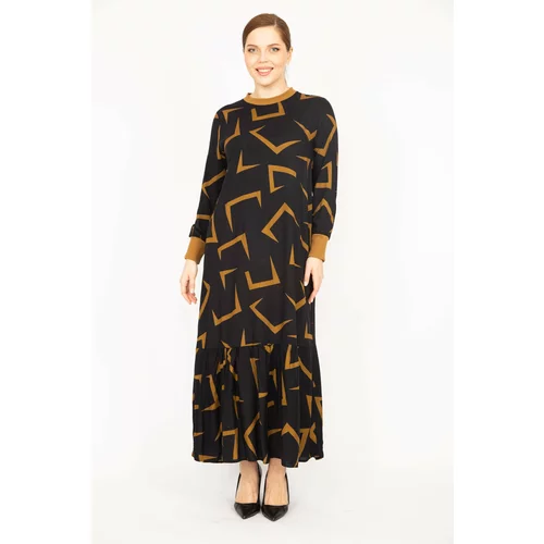 Şans Women's Camel Plus Size Woven Viscose Fabric Long Dress With Ribbed Collar And Arm Cuff