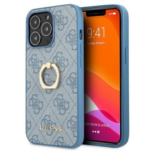 Guess GUHCP13L4GMRBL silikonski ovitek za iPhone 13 Pro RING - moder z zlatimi držalom Slike