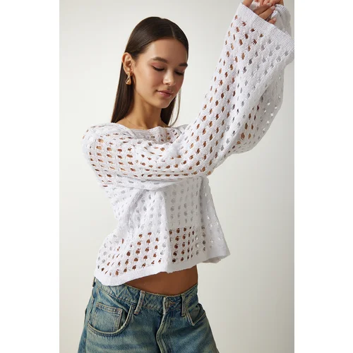  Women's White Openwork Crop Knitwear Sweater