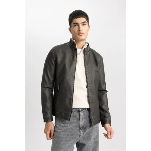 Defacto Slim Fit Stand Collar Jacket Faux Leather Coat