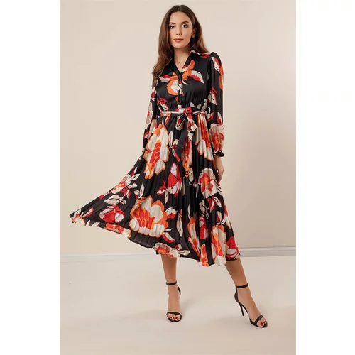 By Saygı Half Button Front Belted Waist Pleated Floral Pattern Lined Satin Dress Black