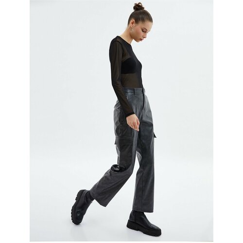 Koton Leather Look Cargo Pants Faded Effect Normal Waist Straight Wide Leg Pockets Slike