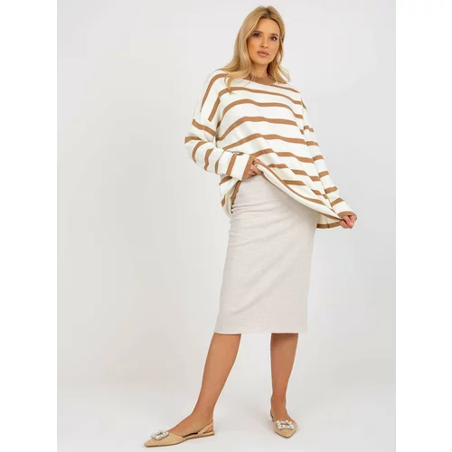 Fashion Hunters Light brown and ecru striped oversized sweater with stand-up collar by RUE PARIS