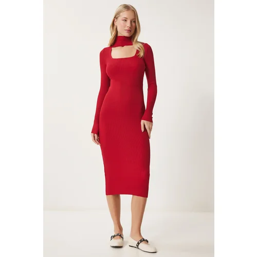 Happiness İstanbul Women's Red Cut Out Detailed Stand Collar Ribbed Knit Dress