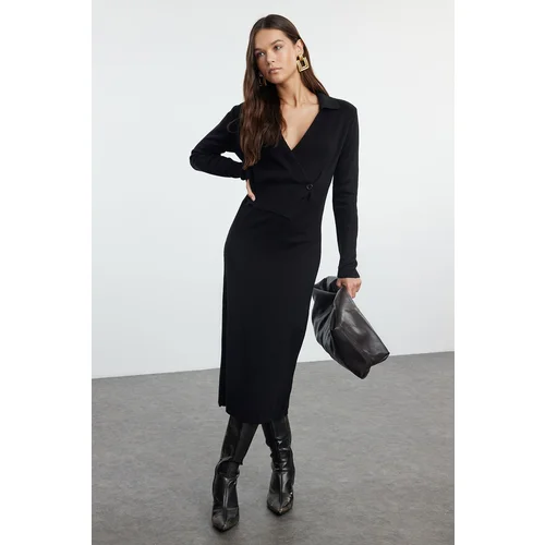 Trendyol Black Midi Knitwear Straight Double Breasted Dress