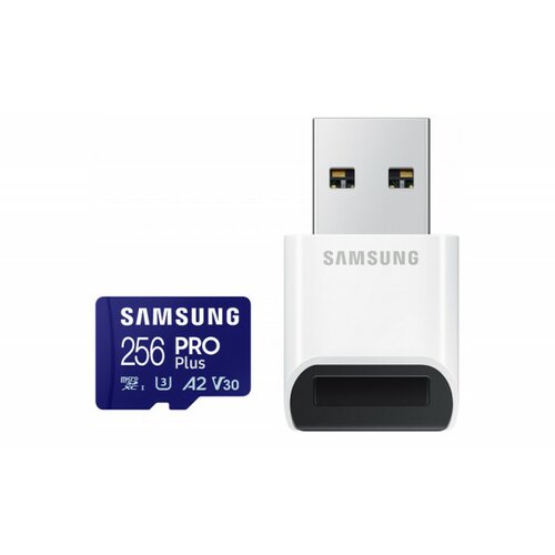 Samsung microsd 256GB, pro plus, sdxc, uhs-i U3 V30 A2 Class10, read up to 180MB/s, write up to 130 mb/s, for 4K and fullhd video recording, w/usb card reader Slike