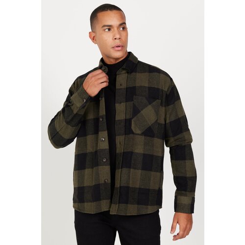 Altinyildiz classics Men&amp;#039;s Khaki-black Oversized Loose Fit Button-down Collar Checkered Lumberjack Shirt Jacket. Slike