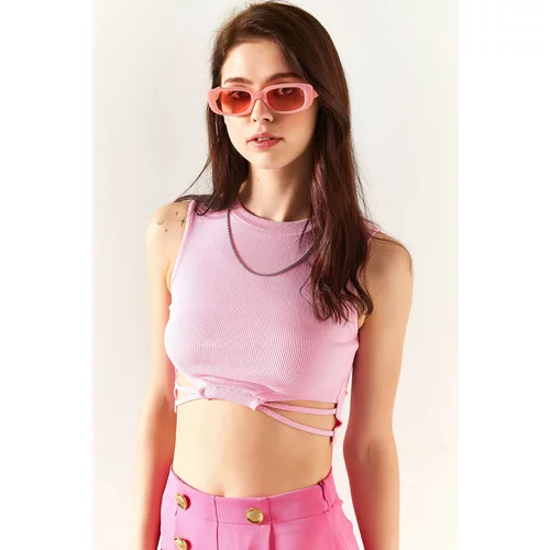 Olalook Women's Candy Pink Lycra Crop Blouse with Decollete