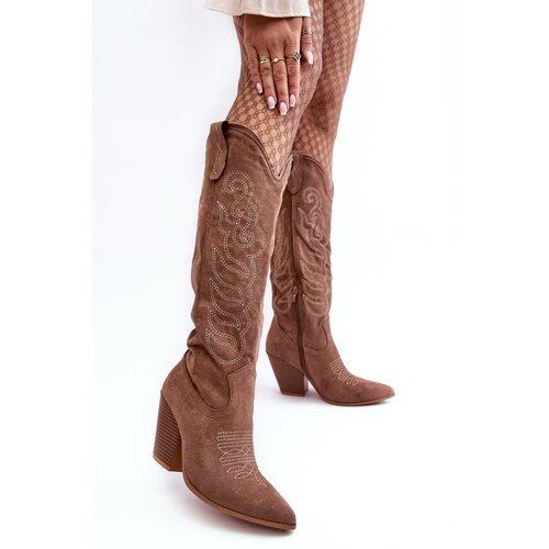 Kesi Women's high-heeled cowboy boots, dark beige Tomani Slike