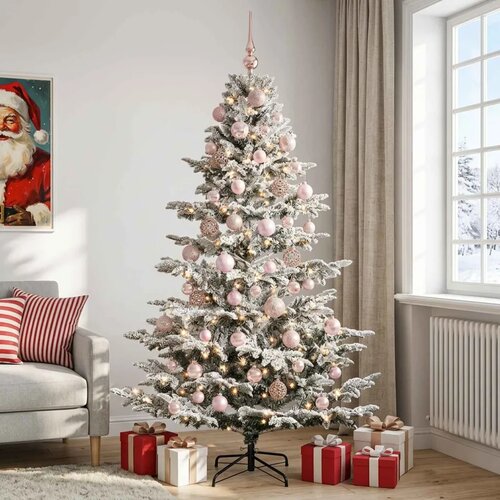  Umjetno božićno drvce s kuglicom 210 cm 300 LED lampica - Zelena i bijela 210 cm s LED-ima i ružičastim lopticama Cene