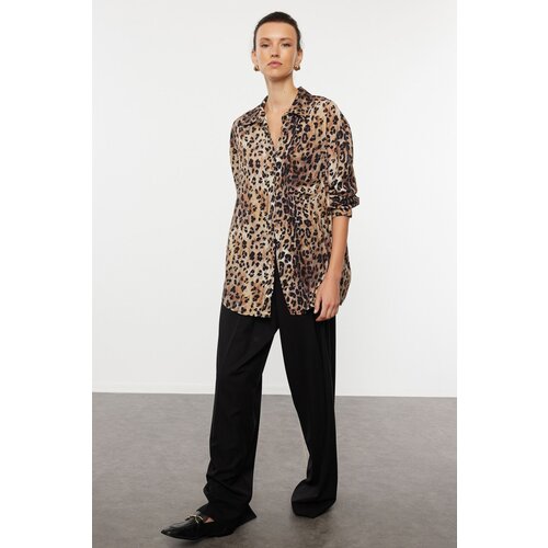 Trendyol Brown Leopard Animal Patterned Oversize Wide Fit Shirt Slike