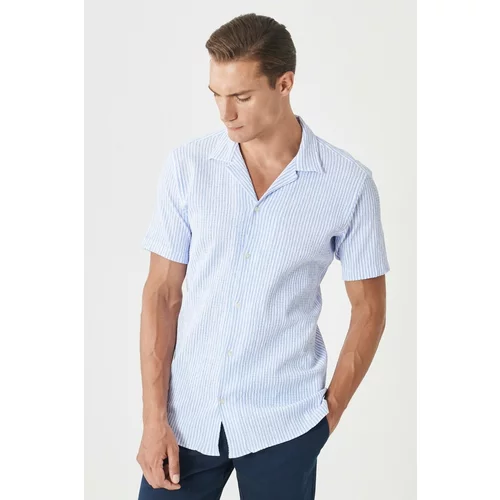 Altinyildiz classics Men's White-Light Blue Comfort Fit Relaxed Cut Mono Collar Seersucker Striped Shirt