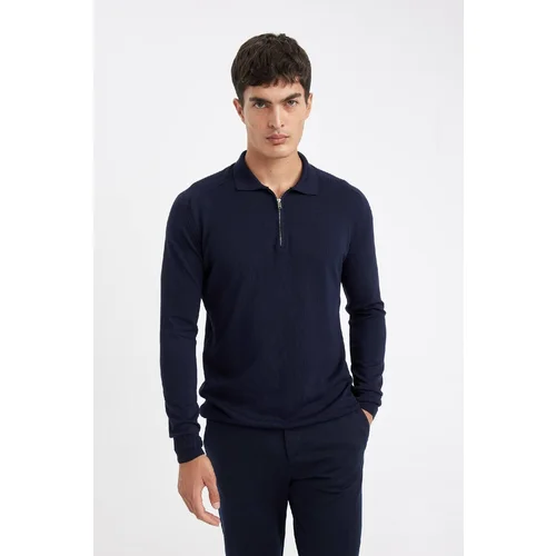 Defacto Men's Navy Blue Standard Fit Regular Cut Stand Collar Semi Zipper Knitwear Sweater