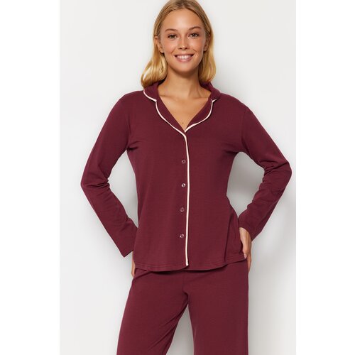 Trendyol Claret Red Cotton Pie Detailed Shirt-Pants Knitted Pajamas Set Slike