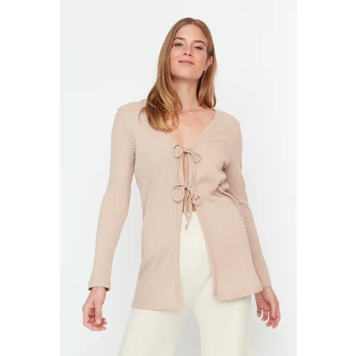 Trendyol Beige Front Tied Camisole Knitted Cardigan