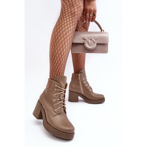 Boto Leather Women's Heeled Ankle Boots Dark Beige Lemar Leocera Cene