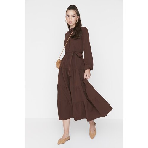 Trendyol Dark Brown Belted Judge Collar Button Detailed Woven Dress Slike