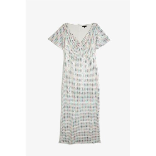 Koton Sequined Dress Evening Dress V Neck Short Sleeve Long Slike