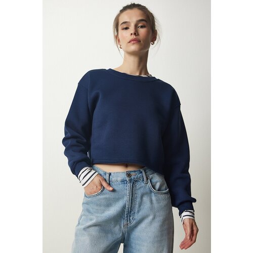  Women&amp;#039;s Navy Blue Crew Neck Raised Crop Knitted Sweatshirt Slike