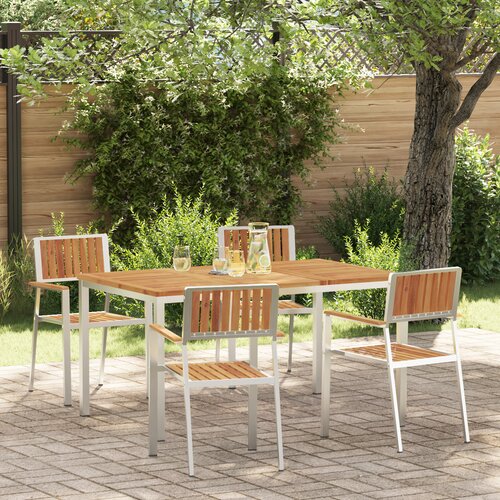 VidaXL 5-dijelni set za objedovanje od masivnog bagremovog drva, Vanjski stol za večeru 150x90x75 cm od masivnog bagremovog drva, Prolazne vrtne stolice 4 kom od masivnog bagremovog drva i metala Slike