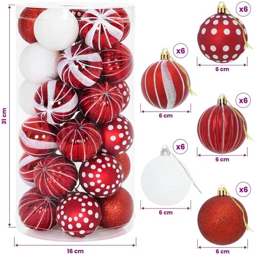  Set božićnih kuglica 30 kom. Crvena i bijela &amp;Oslash; 6 cm Plastika - Crvena i bijela (geometrijski motiv) Slike