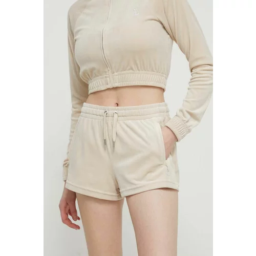 Juicy Couture Baršunaste kratke hlače boja: bež, s aplikacijom, visoki struk