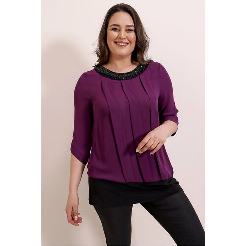 By Saygı Plum Plus Size Chiffon Blouse with Beads on the Collar and Pleats on the Front. Cene