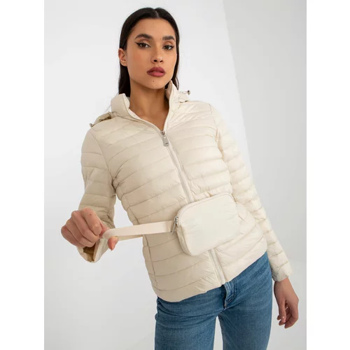 Fashion Hunters Light beige transitional quilted jacket with hood and bag