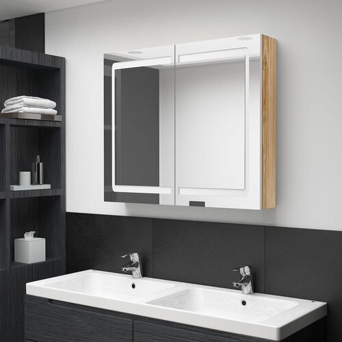 Furnova LED kopalni&amp;scaron;ka omarica z ogledalom bela in hrast 80x12x68 cm, (21947070) Slike