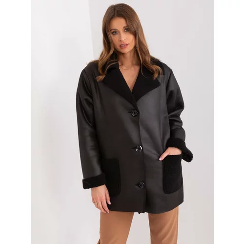 Fashion Hunters Women's black sheepskin coat with buttons