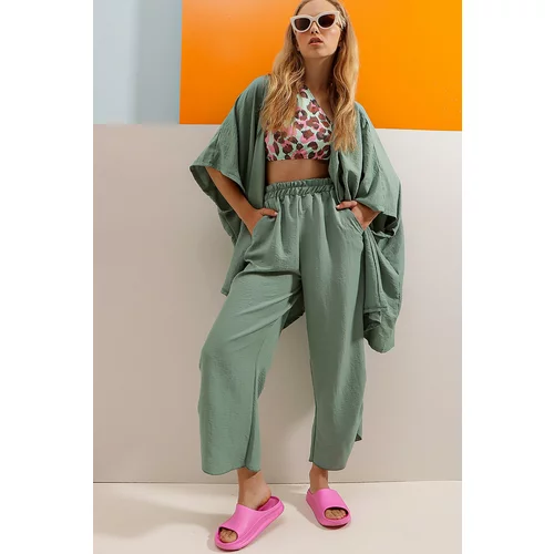 Trend Alaçatı Stili Women's Algae Green Slit Trousers And Jacket Double Suit