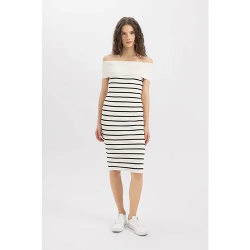 Defacto Fitted Striped Open Shoulder Ribbed Midi Dress