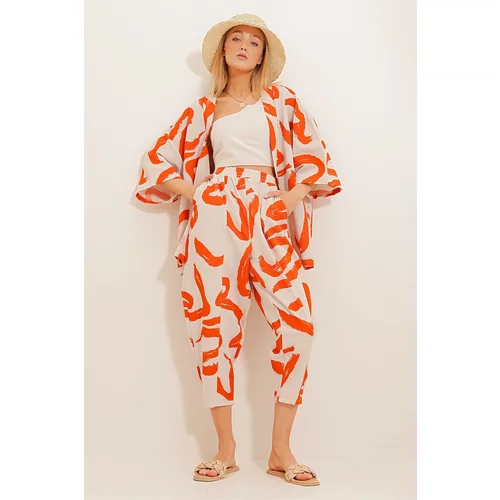 Trend Alaçatı Stili Women's Orange Patterned Baggy Pants And Kimono Set