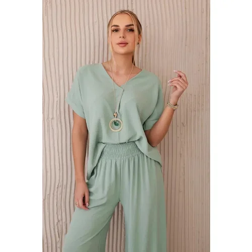 Kesi Women's summer set with necklace, blouse + trousers - dark mint