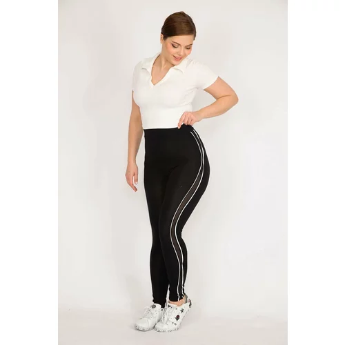 Şans Women's Black Plus Size Tights with Tulle and Stripe Detail on the Sides
