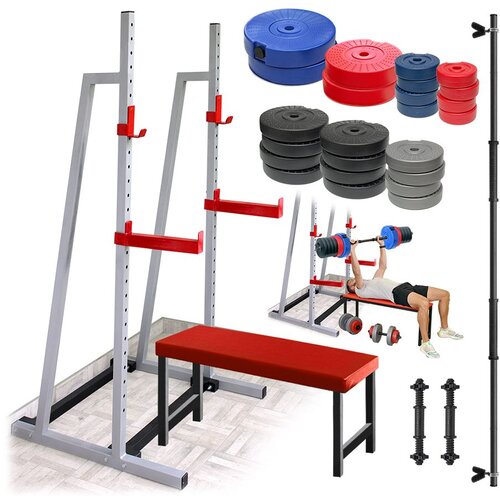 IRON SPORT Stalak za tegove sa bar holderima - Ravna klupa 117cm x 31cm - Tegovi 118kg tegova i 2+1 šipka Cene