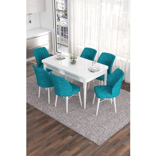 Hanah home Eva - White, Turquoise WhiteTurquoise Extendable Dining Table & Chairs Set (7 Pieces) Cene