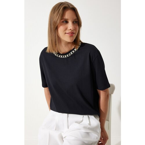 Happiness İstanbul Women&amp;#039;s Black Collar Chain Necklace 100% Cotton Knitted T-Shirt Slike
