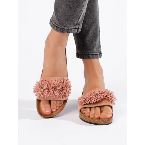 Shelvt Women's suede slippers with flowers pink