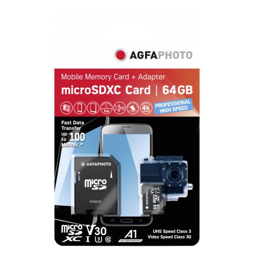 Agfaphoto MicroSDXC UHS-I 64GB High Speed C 10 U3 V30 + Adapter Cijene