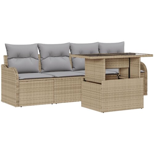 VidaXL 5-dijelni set sofa za vrt s jastučićima bež poli ratan, dvosed sofa za vrt s odlaganjem i jastučićima bež poli ratan Slike